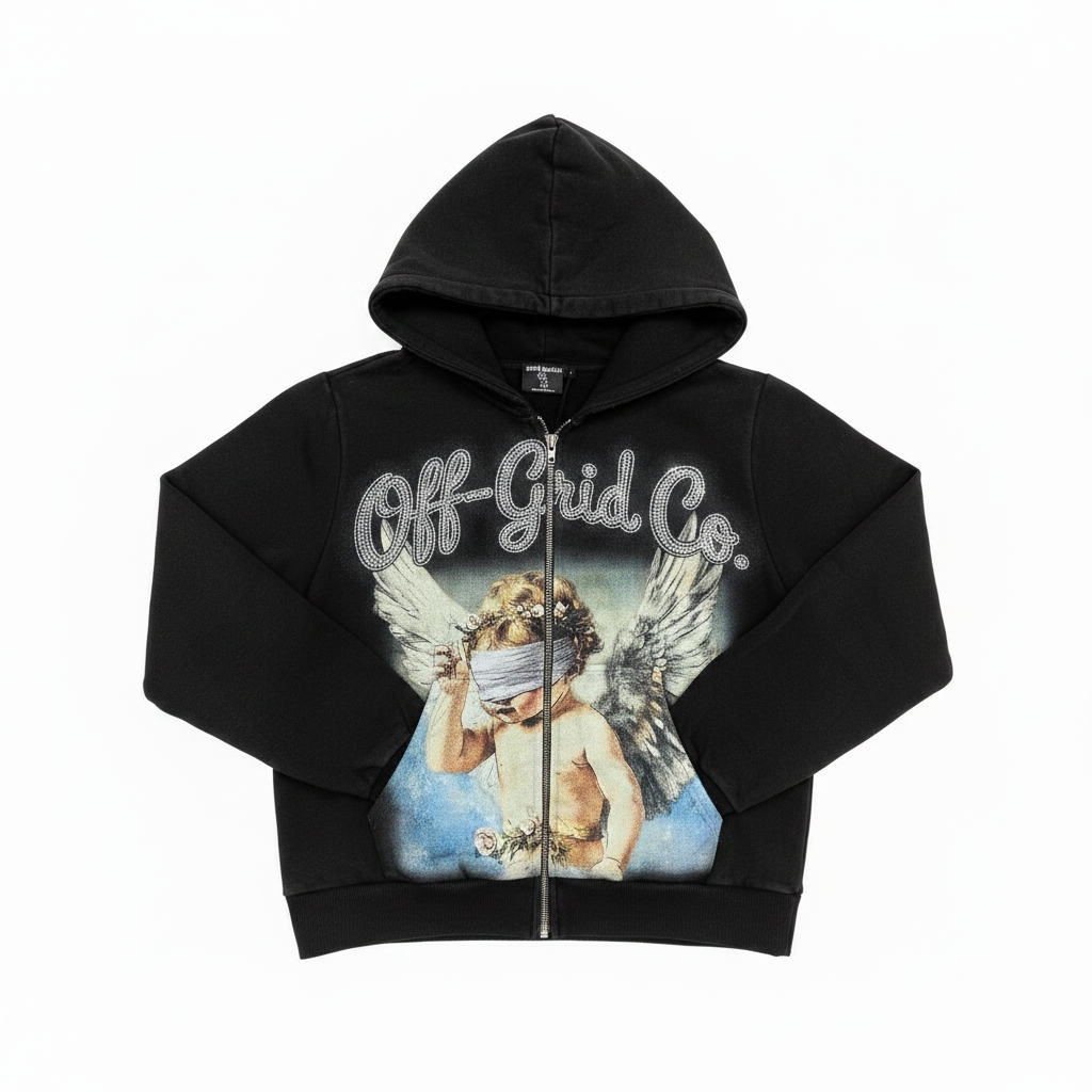 Off-Grid Co black zip hoodie with rhinestone lettering and angel graphic