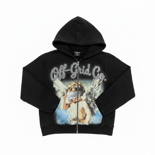 Off-Grid Co black zip hoodie with rhinestone lettering and angel graphic