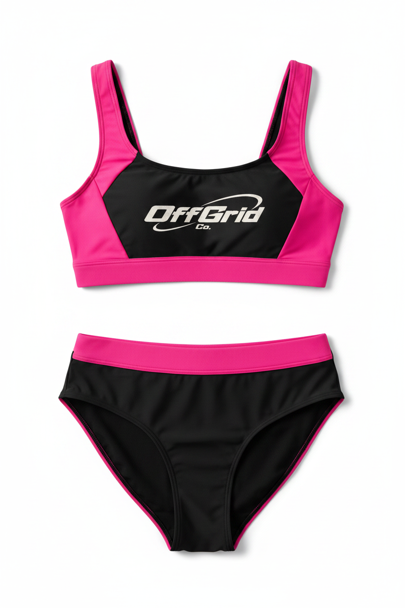 OffGrid Co. two-piece swimsuit in black and pink colorway