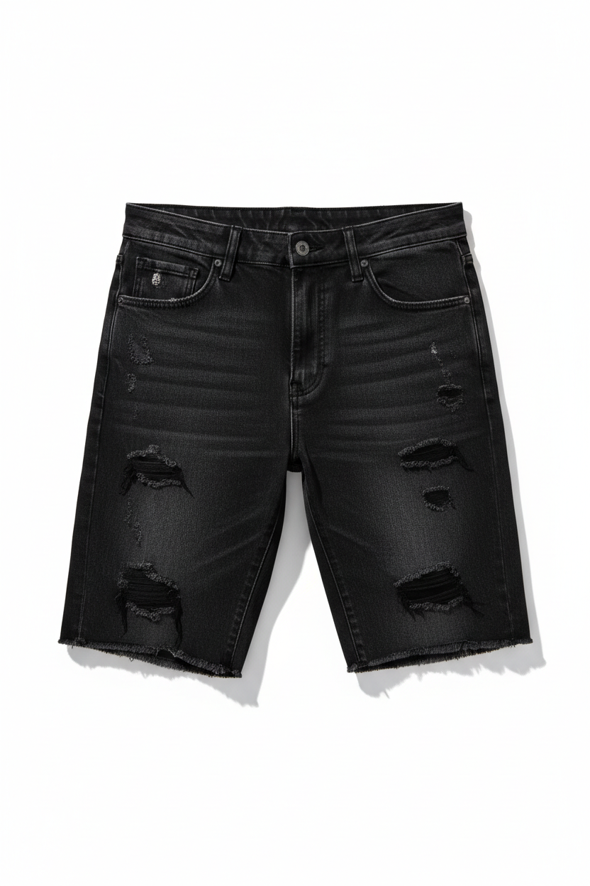 Black ripped mid-thigh denim jorts