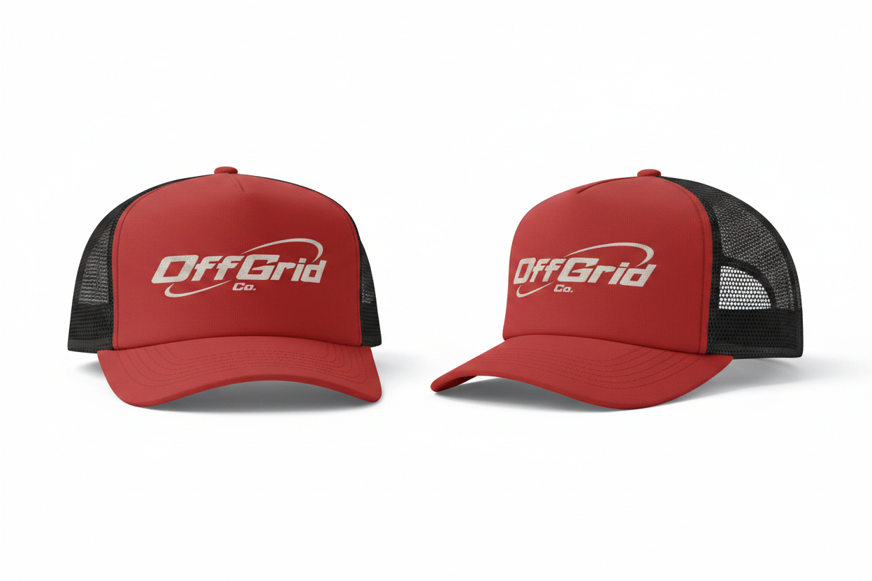 Red trucker hat with white OffGrid Co. logo and black mesh back