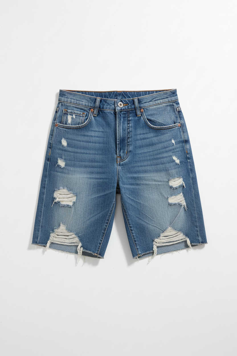 Blue ripped mid-thigh denim jorts