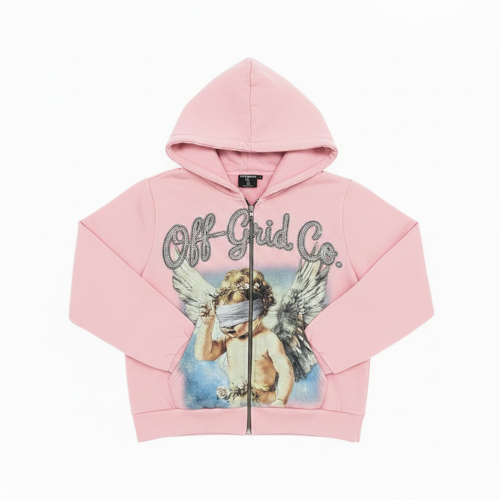 Off-Grid Co. pink zip hoodie with rhinestone lettering and angel graphic