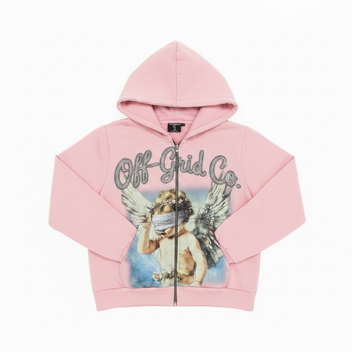Off-Grid Co. pink zip hoodie with rhinestone lettering and angel graphic